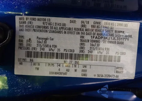 2018 Ford Focus Se from USA, damaged, VIN 1FADP3K21JL331771